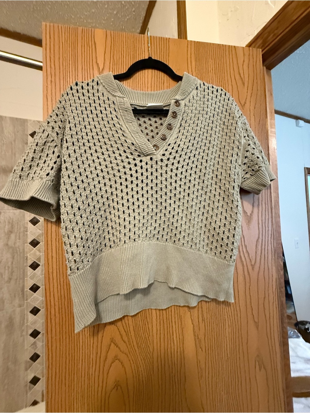 Varley Light Sage Open-Knit Short Sleeve Sweater